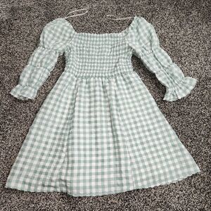 Love & Piece Dress Women M‎ Green Plaid, Smocked Top, Off Shoulder Puffer Sleeve